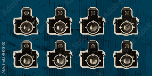 Vintage cameras arranged in a grid on a textured teal background