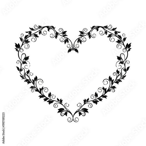Black heart shaped floral wreath, leafy border, vector illustration, love symbol, romantic design element