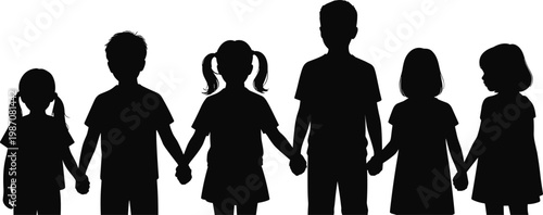 Children silhouettes holding hands together in unity, friendship illustration symbolizing teamwork, bonding, community support, childhood connection, togetherness concept