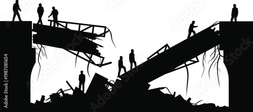 Collapsed bridge disaster silhouette illustration with human figures walking on rubble, broken structure destruction concept for editorial stock content