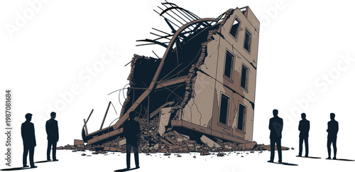 Collapsed building ruins with silhouetted people observing destruction aftermath scene symbolizing disaster assessment resilience survival and community rebuilding illustration