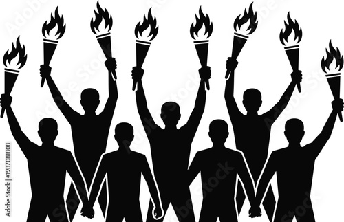 Eight human silhouettes holding flaming torches raised high, symbolizing unity, solidarity, collective strength, activism, hope, courage, and shared purpose