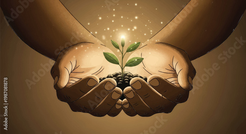 Conceptual illustration of hands nurturing a vibrant green sprout, symbolizing new life, growth, and the hopeful concept of a sustainable future