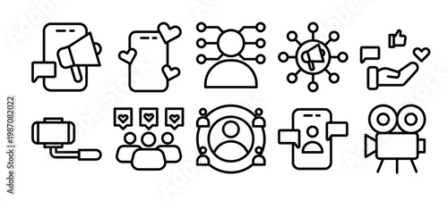 Outline Social Media Communication Network Digital Interaction Icon Set
