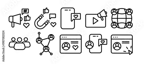 Outline Mobile Marketing Digital Interaction Communication Technology Icon Set