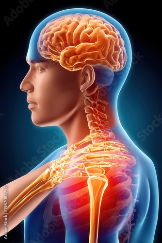 Medical illustration of human head and neck anatomy highlighting brain and shoulder pain visualization