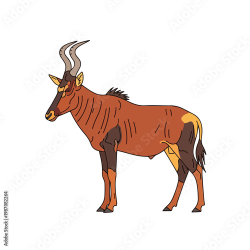Brown animal with long horns and yellow markings standing alone