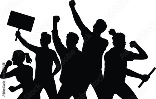 Five human silhouettes raising fists and protest signs, symbolizing activism, solidarity, collective action, unity, courage, strength, and social movement