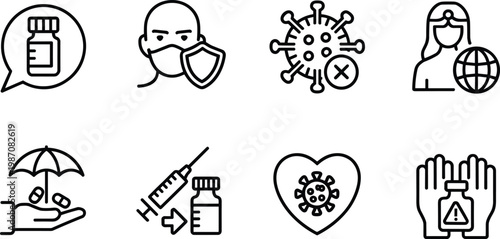 Healthcare and vaccination icons showing medicine, mask protection, virus prevention, syringe, global health, and safe handling, representing medical care and disease prevention illustration concept