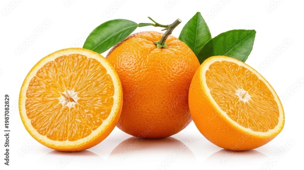 Fototapeta premium Whole orange and two halves with green leaves on a white background oranges