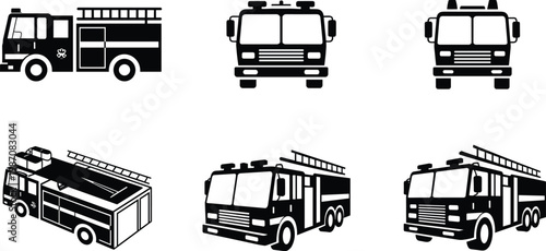 Fire truck silhouettes showing ladder, emergency lights, and hose compartments, representing firefighting vehicles, rescue equipment, 
