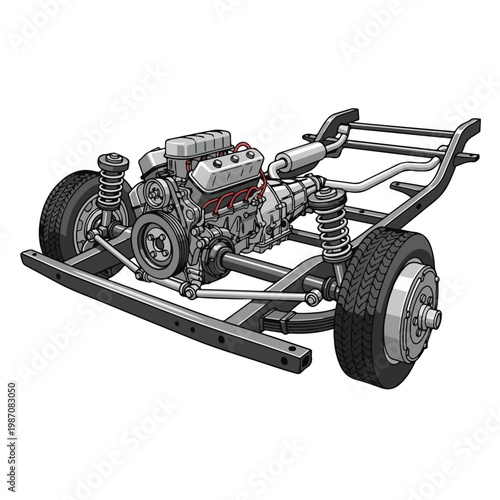 Car chassis with engine and suspension system exposed