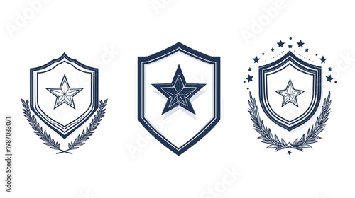 Three decorative emblems showcasing a star design inside a shield, with a laurel branch or star accents