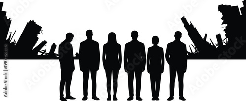 Silhouette business leaders standing strong amid collapsed urban ruins, symbolizing resilience, teamwork, leadership, recovery, and hope in disaster aftermath