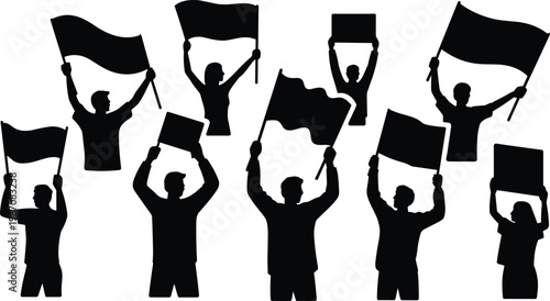 Silhouette protest crowd holding flags and placards together, demonstration rally activism collective unity action vector illustration for stock content design
