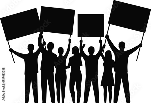 Silhouette protest group holding placards above heads together, demonstration rally activism collective unity action vector illustration for stock content design