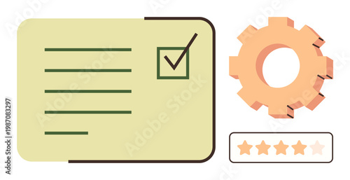 Task management, performance review, quality control, productivity tracking, workflow optimization, evaluation tools. Checklist with checkmark, gear and 4-star rating. Task management