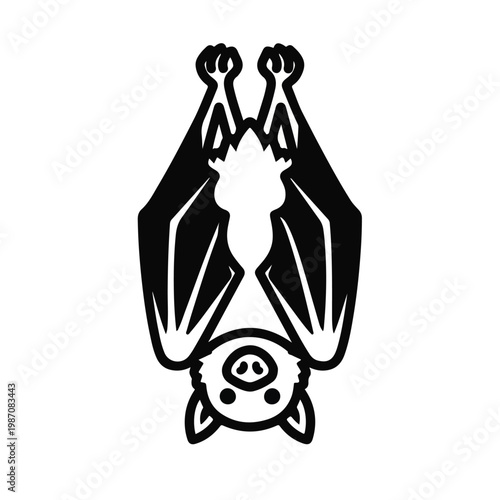 Black bat hanging upside down from a branch