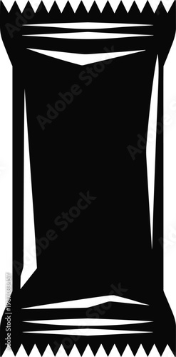 Black and white silhouette of sealed snack bar packaging with crimped edges, isolated food wrapper design template for candy, chocolate, protein bar branding illustration