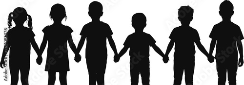 Silhouetted children holding hands together symbolizing unity friendship teamwork childhood bonding community support resilience and togetherness illustration concept design