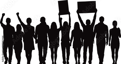 Silhouetted protest crowd with raised arms and signs, symbolizing unity, demonstration, activism, solidarity, freedom, collective action, and social movement illustration