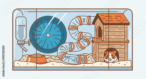 Brown and white hamster in cage.