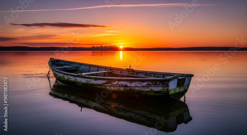 A wooden boat floating water sunset 