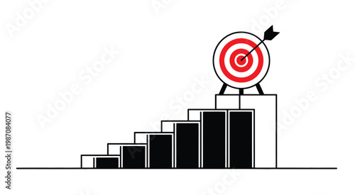 Business goal achievement concept with red target and arrow on top of rising bar chart staircase vector illustration
