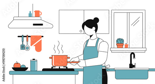 Woman Cooking in Kitchen Wearing Apron.