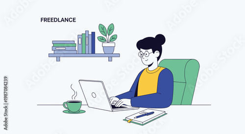 Woman sitting at desk working laptop.