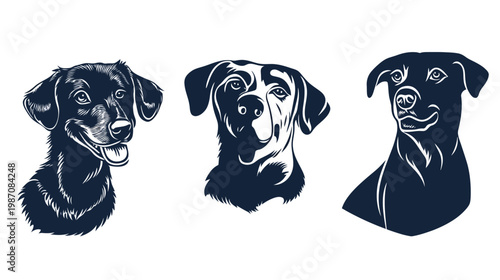 Artistic vector illustrations of dog heads in a monochromatic color scheme