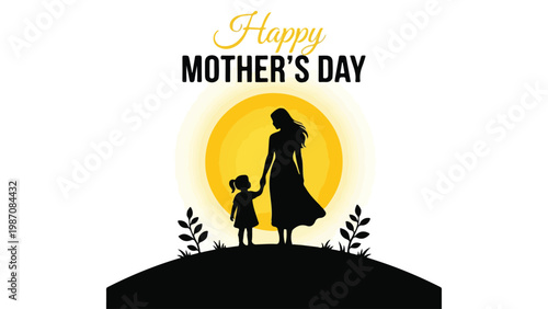 Happy Mother’s Day silhouette mother and child with sun bond love care tribute vector illustration design
