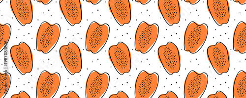 Seamless papaya fruit pattern on white background. Hand drawn orange slices with seeds and doodle dots. Cute tropical repeat design.