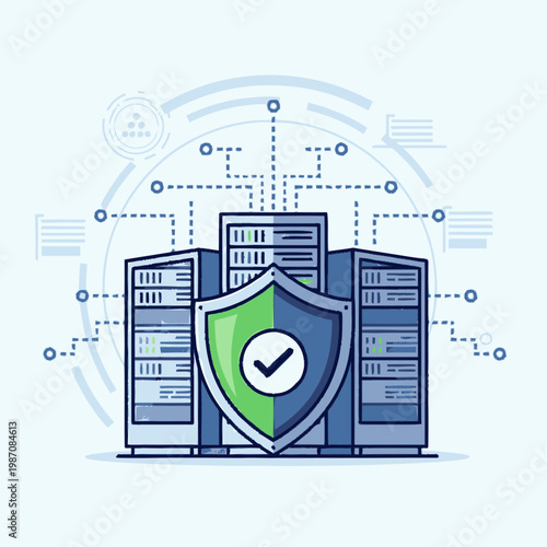 Secure Server Rack With Shield and Checkmark Icon.