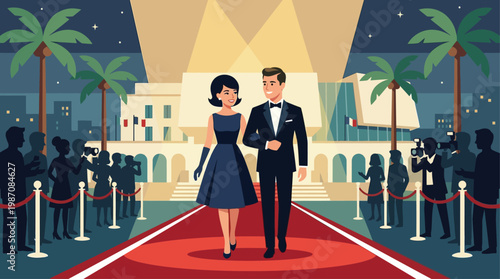 An elegant 1960s couple makes a grand entrance on the iconic red carpet at the Cannes Film Festival, surrounded by the classic Riviera ambiance. This is a clean, flat design illustration capturing the