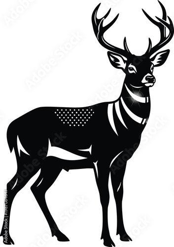 Black and white of a deer with american flag pattern on back buck stag antlers