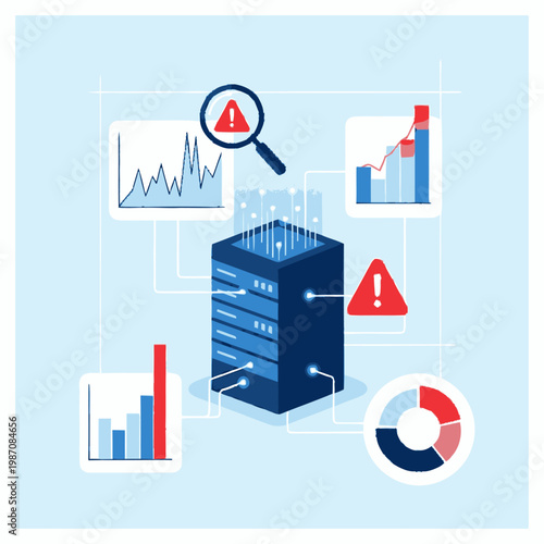 Server data analysis with security alerts and performance charts.