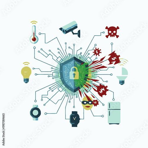 Smart Home Security Shield Protecting Connected Devices from Cyber Threats.