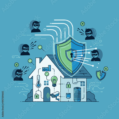 Smart Home Security System Protecting House from Cyber Threats.