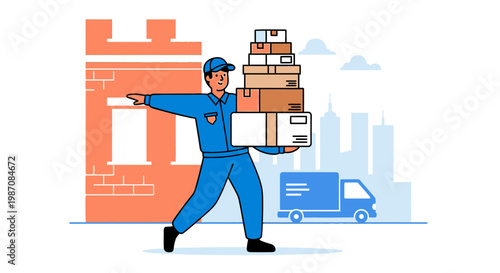 Man carrying stacked delivery boxes.