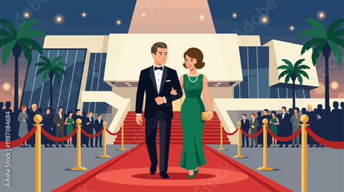An elegant 1960s couple makes a grand entrance on the iconic red carpet at the Cannes Film Festival, surrounded by the classic Riviera ambiance. This is a clean, flat design illustration capturing the