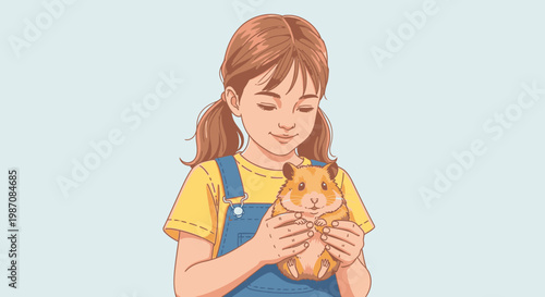 Little girl holding cute hamster tight.