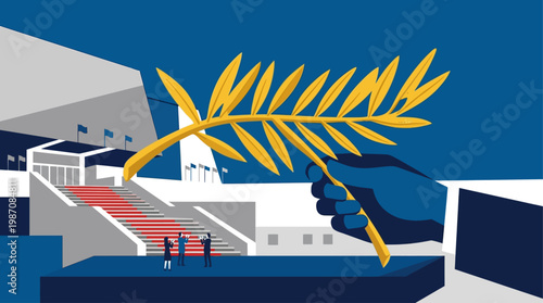 Stylized illustration of Cannes Film Festival award ceremony featuring golden palm trophy held in hand before Palais des Festivals, evening red carpet steps, audience silhouettes, cinematic prestige.