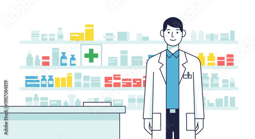 Pharmacist standing behind counter smiling.