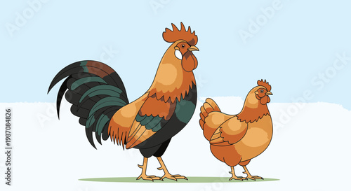 Rooster and hen standing side by side.