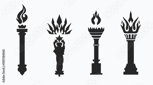 Four silhouettes of torches with different designs. Black illustrations against a white backdrop
