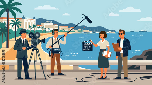 Vintage style illustration of Cannes film set production by the seaside featuring crew filming scene with camera, boom mic, clapperboard, actors, and classic Riviera hotels under sunny sky backdrop.