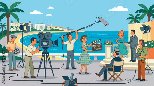 Vintage style illustration of Cannes film set production by the seaside featuring crew filming scene with camera, boom mic, clapperboard, actors, and classic Riviera hotels under sunny sky backdrop.