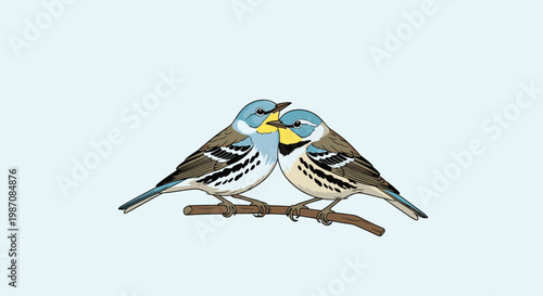 Two small birds on a branch.