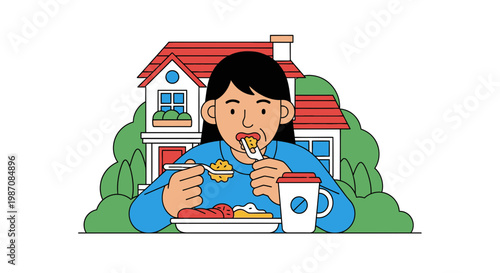 Woman eating breakfast at home table.